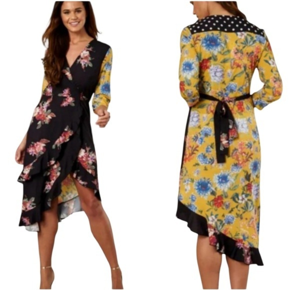 Liquorish Patchwork Floral Mix Print Asymmetric‎ Wrap Dress Women's Size 12